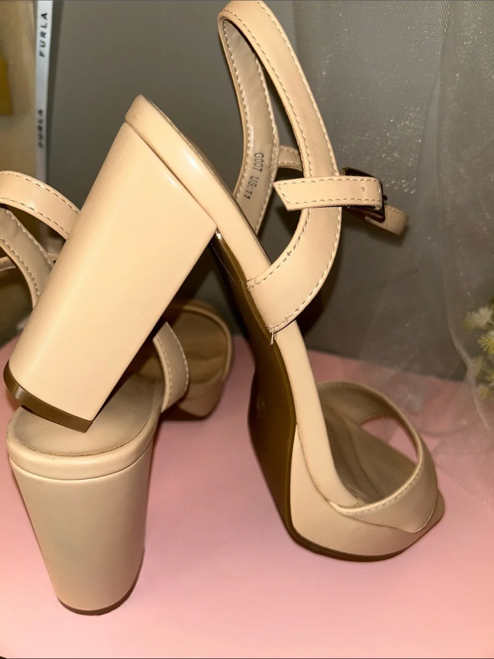 Nude Beige Block Heel Platform Sandals with Ankle Strap Like new